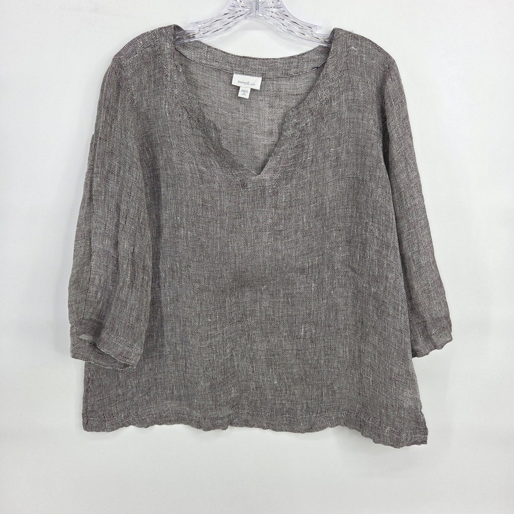 Pure Jill Linen Top M Petite Brown Lagenlook Boho Eclectic Art-Inspired V-Neck